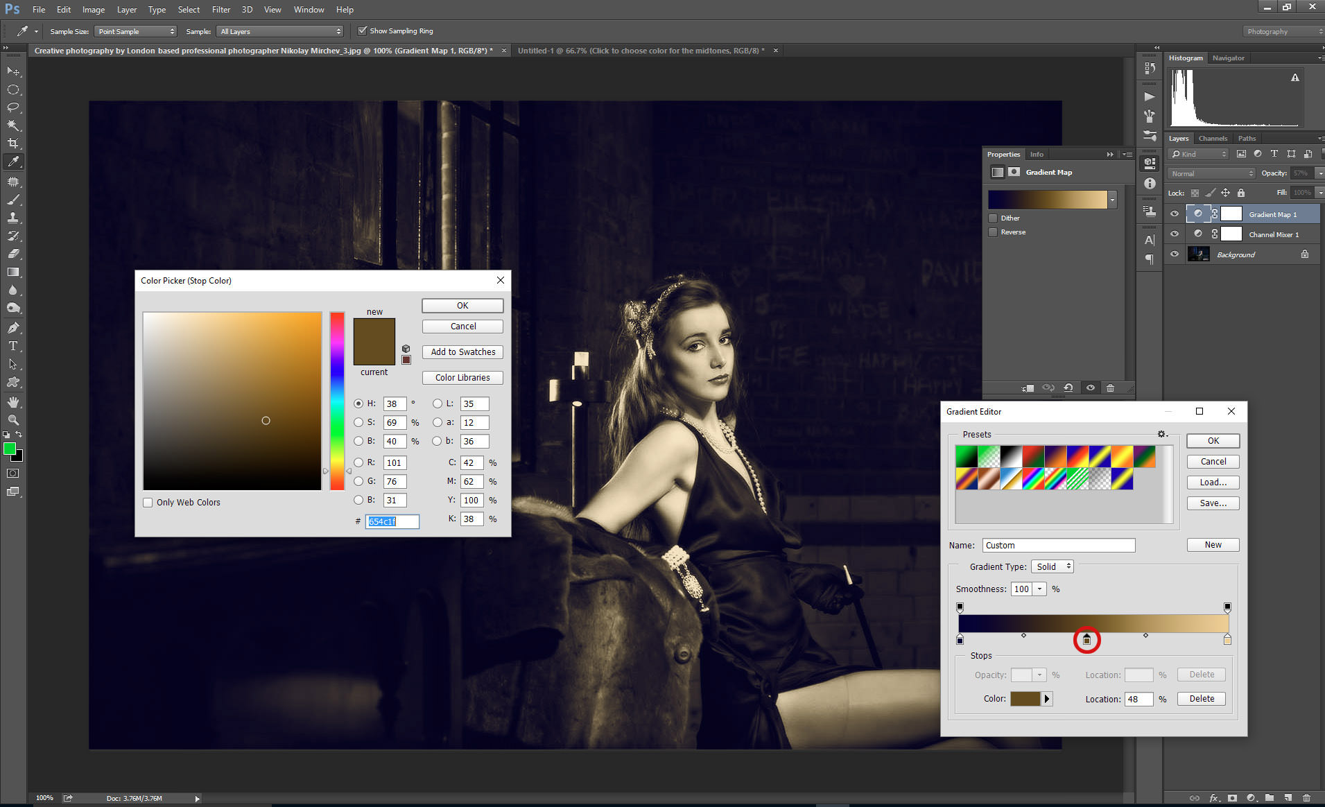 Split toning effect tutorial in Photoshop, controling color gradient.